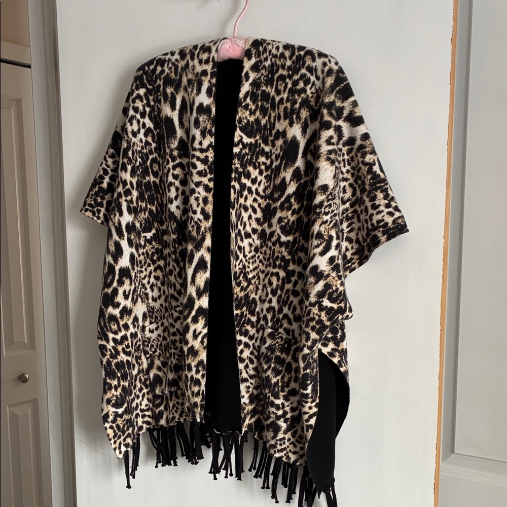 Leopard Print Poncho with Fringe